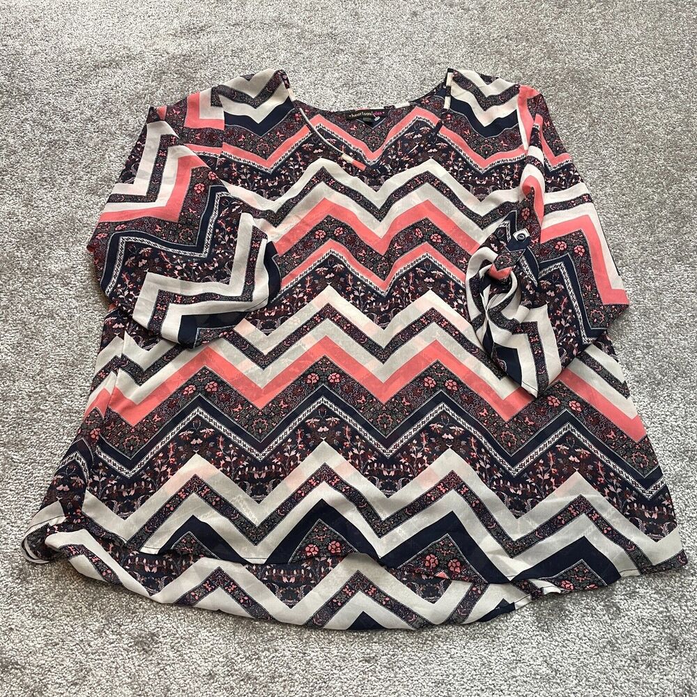 HeartSoul Plus Top Blouse Shirt Womens 3X Blue Pink Zig Zag Lightweight Top